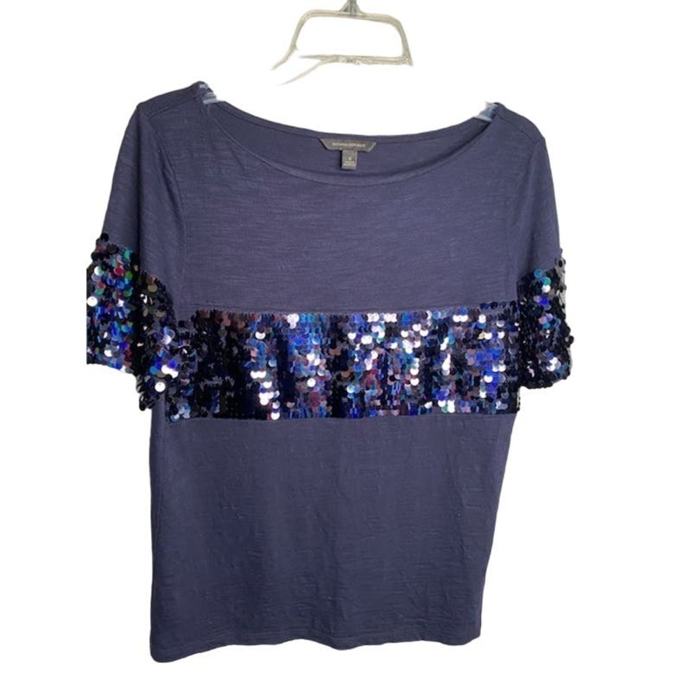 Banana Republic Small Women Blouse Shirt Top T-shirt Tee with Sequins bling Navy